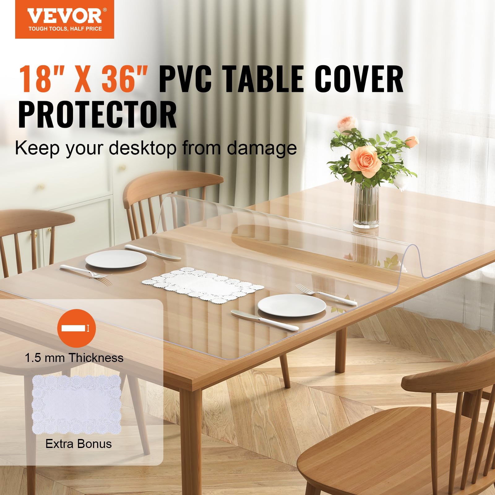 VEVOR Clear Table Cover Protector, 18" x 36" Rectangle Table Cover, 1.5 mm Thick PVC Plastic Tablecloth, Waterproof Desktop Protector for Writing Desk, Coffee Table, Dining Room Table