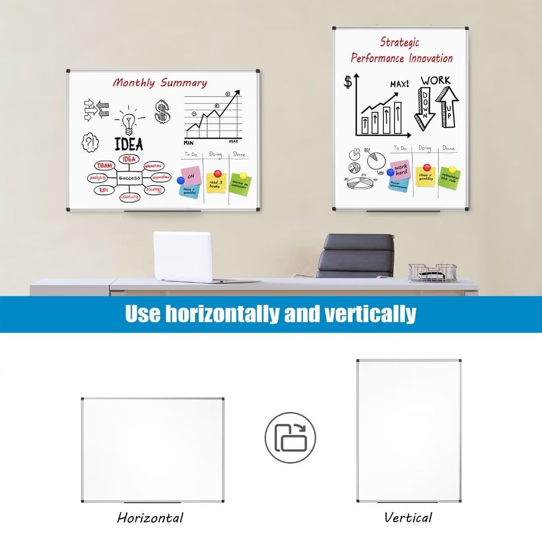 SunyesYoon Magnetic Dry Erase Whiteboard 48 x 36 Inch - 4 x 3 Large White Board, Silver Aluminum Frame Wall-Mounted, Magnetic Eraser, 2 Pen, Detachable Marker Tray, 6 Magnets for Office, School