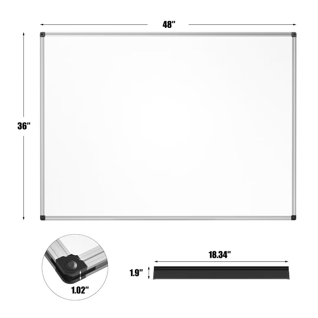 SunyesYoon Magnetic Dry Erase Whiteboard 48 x 36 Inch - 4 x 3 Large White Board, Silver Aluminum Frame Wall-Mounted, Magnetic Eraser, 2 Pen, Detachable Marker Tray, 6 Magnets for Office, School