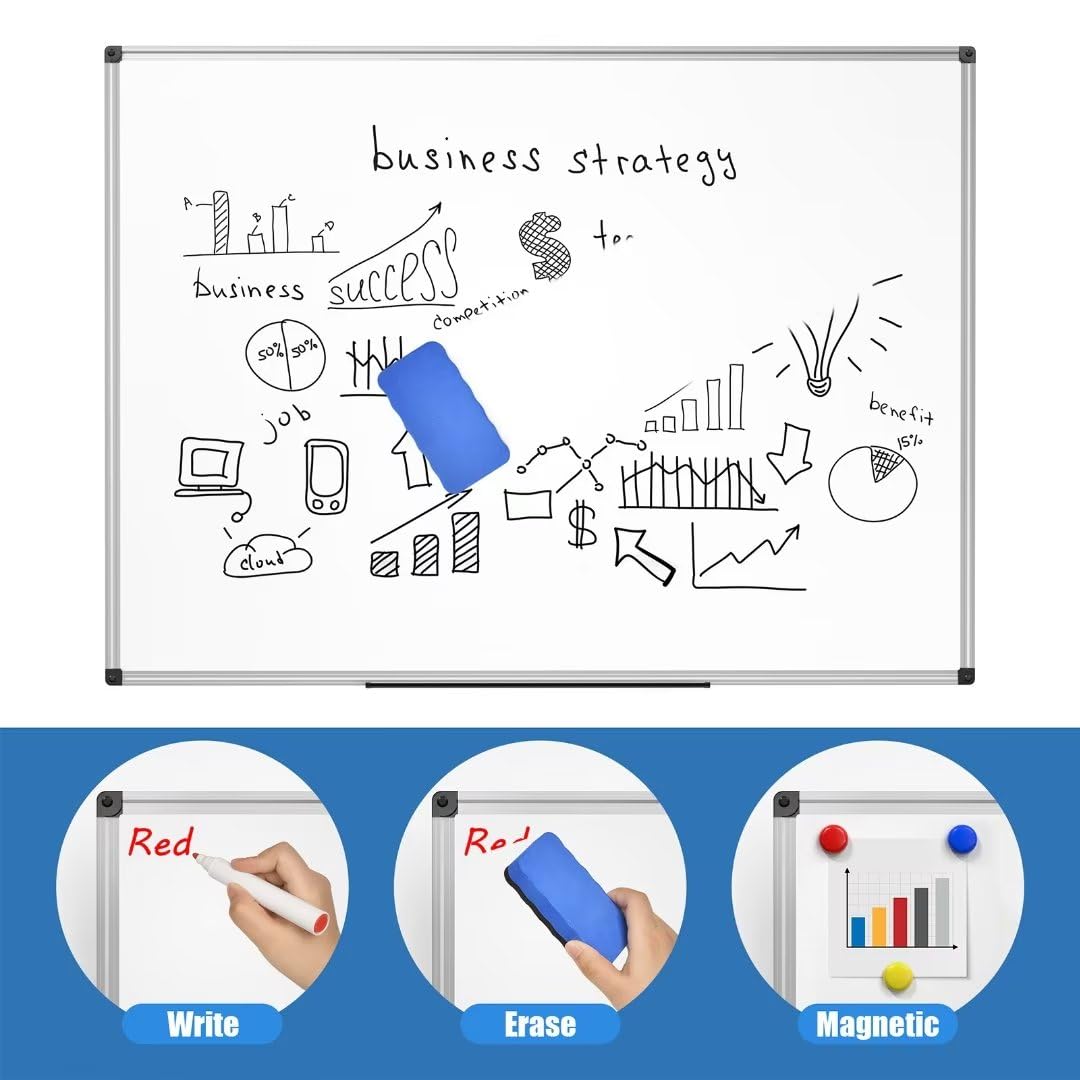 SunyesYoon Magnetic Dry Erase Whiteboard 48 x 36 Inch - 4 x 3 Large White Board, Silver Aluminum Frame Wall-Mounted, Magnetic Eraser, 2 Pen, Detachable Marker Tray, 6 Magnets for Office, School