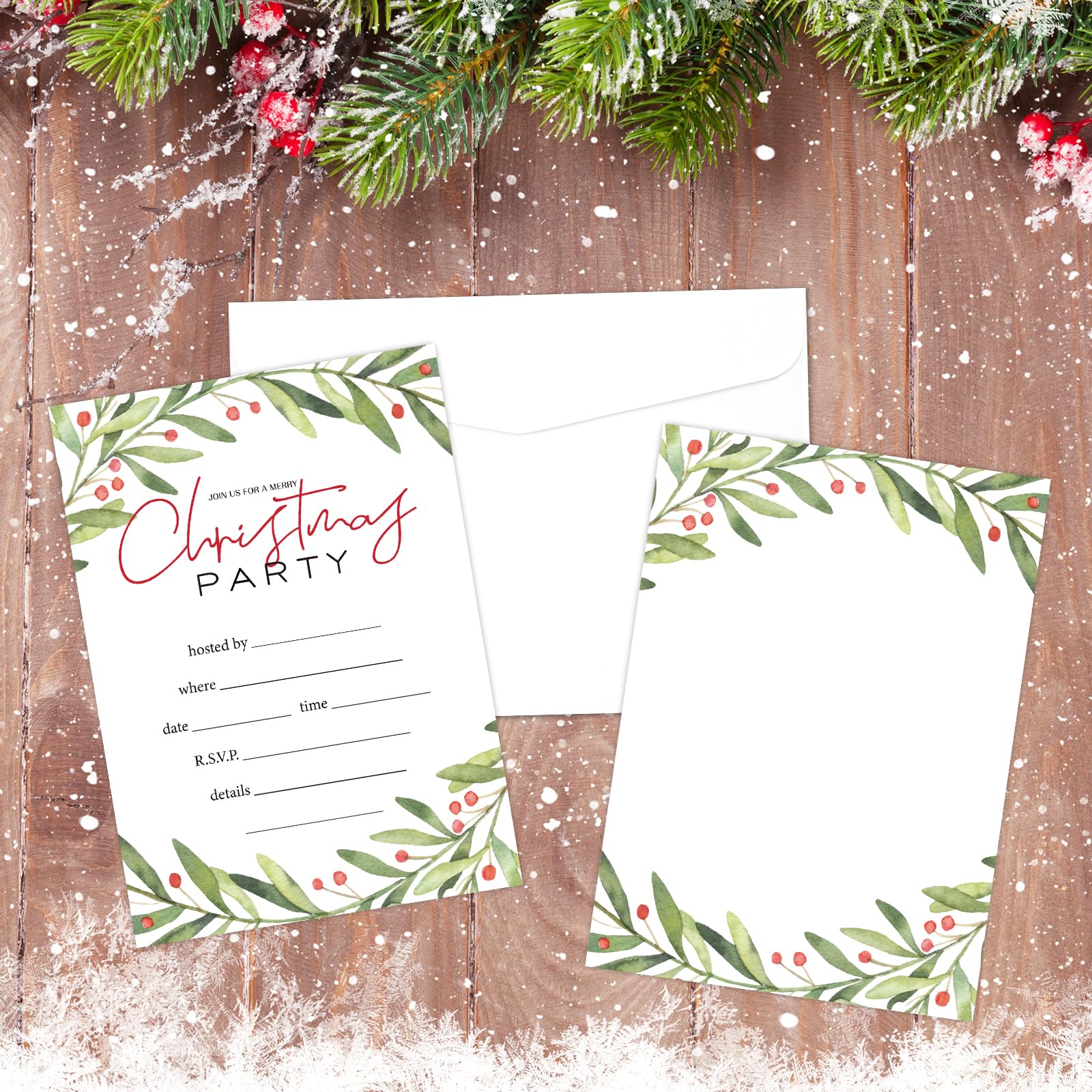 Whaline 25 Pack Christmas Party Invitation Cards Holly Greenery Watercolor Leaves&Berries Invitation Paper Cards with Envelopes Xmas Holiday Party Invites