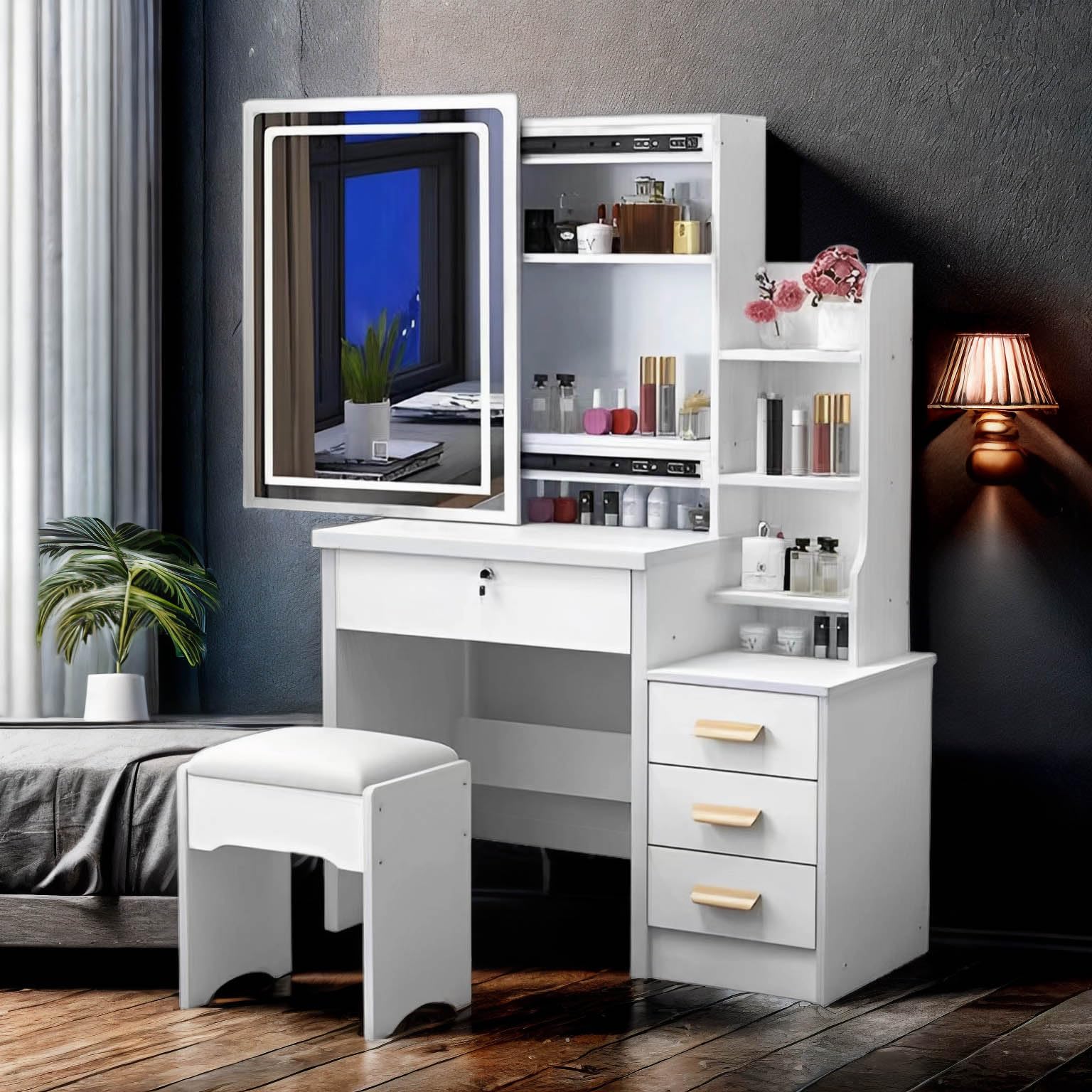 RIDFY Makeup Vanity with Mirror and Lights,Modern Bedroom Makeup Table Set with Upholstered Stool,Vanity Desk with 4 Drawers & Shelves,3 Color Lighting Brightness Adjustable,White (4 Drawers)