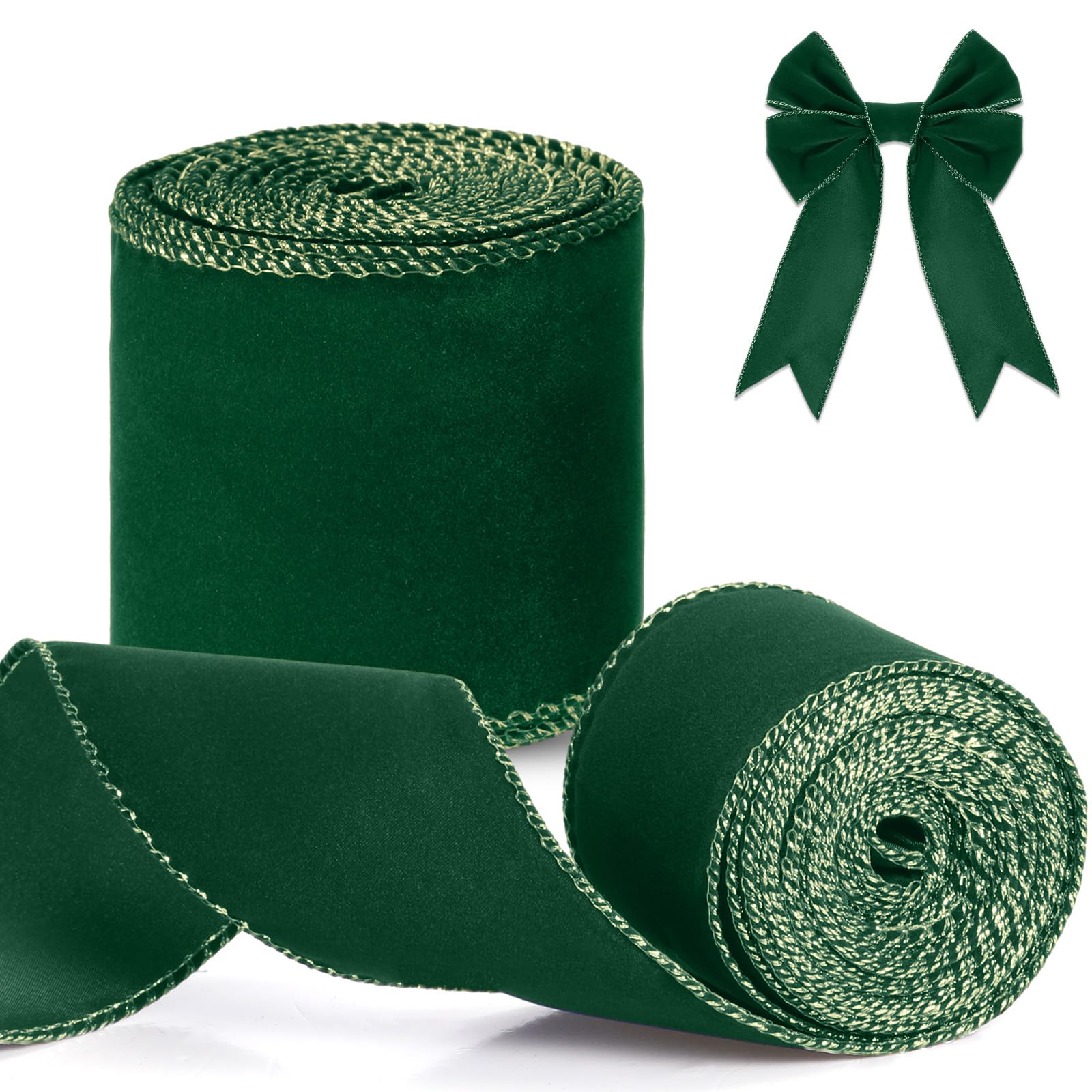 Riceshoot 2 Rolls Christmas Velvet Ribbon 2.5 Inch 20 Yards Xmas Velvet Wired Ribbon with Gold Edge for Christmas Tree Decorations Wreath Bow Making (Green)