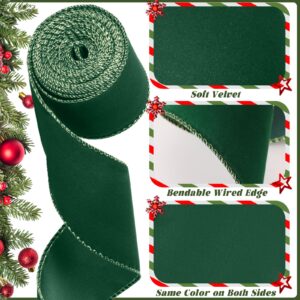 Riceshoot 2 Rolls Christmas Velvet Ribbon 2.5 Inch 20 Yards Xmas Velvet Wired Ribbon with Gold Edge for Christmas Tree Decorations Wreath Bow Making (Green)