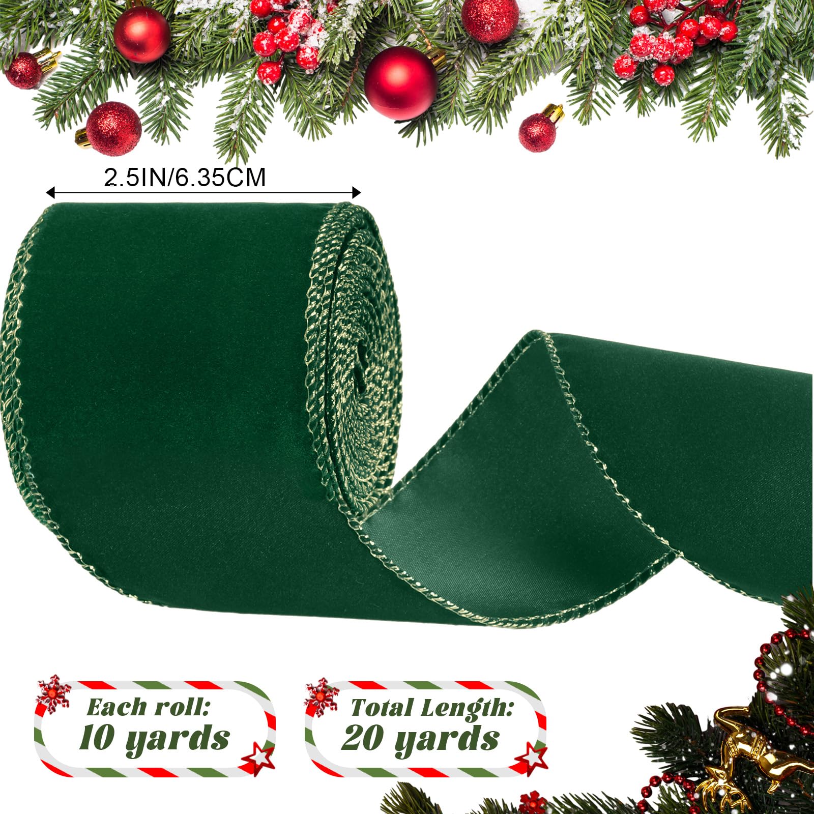 Riceshoot 2 Rolls Christmas Velvet Ribbon 2.5 Inch 20 Yards Xmas Velvet Wired Ribbon with Gold Edge for Christmas Tree Decorations Wreath Bow Making (Green)