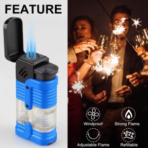 Kantion Torch Lighter Triple Jet Flame Butane Torch Lighters Refillable Butane Gas Lighter Windproof Adjustable 3 Flame Lighter Gift for Men and Women(Blue,Without Gas)