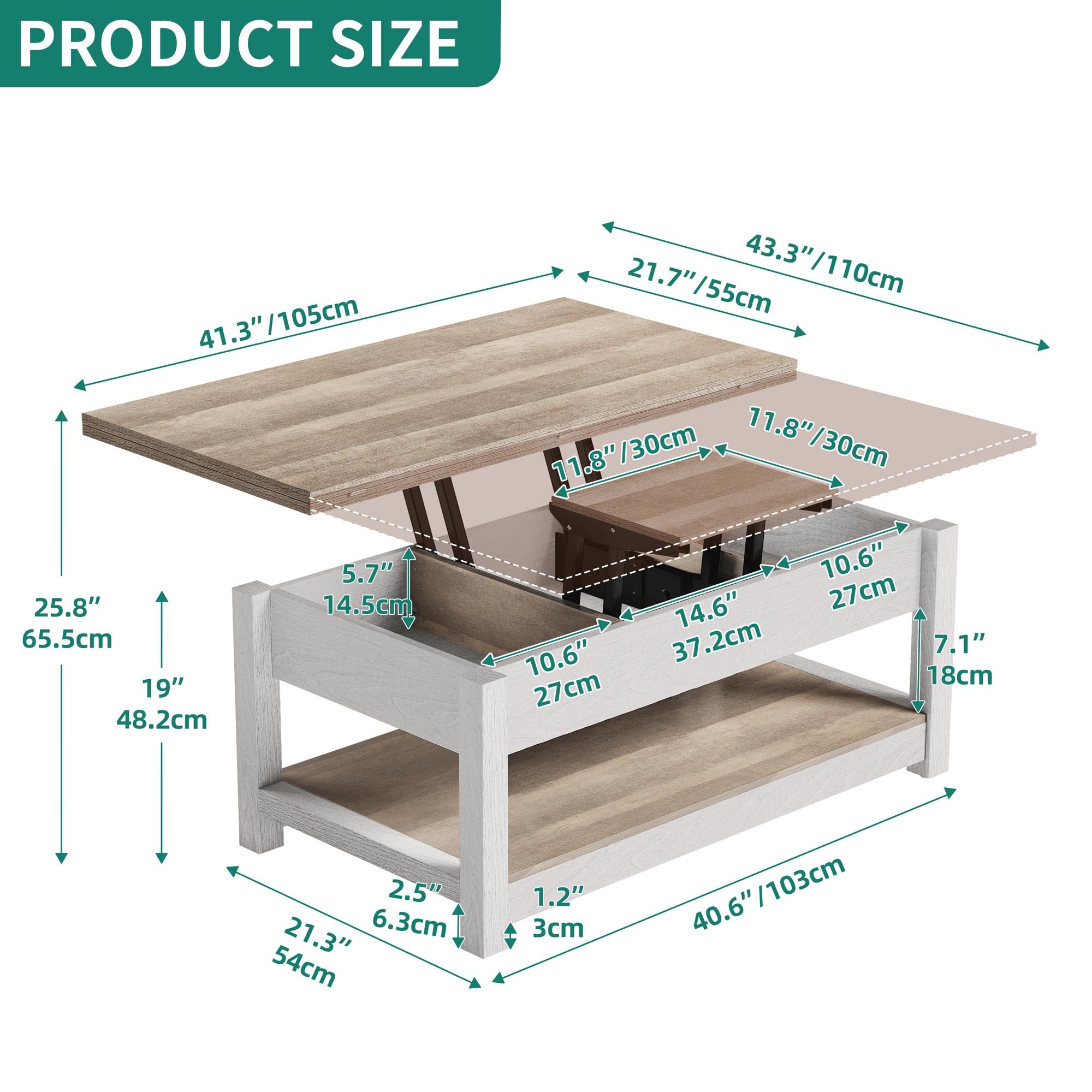 YITAHOME Lift Top Coffee Table, 3 in 1 Multi-Function Coffee Tables with Storage for Living Room, Farmhouse Modern Dining Table for Small Reception Room/Home Office,Grey Wash