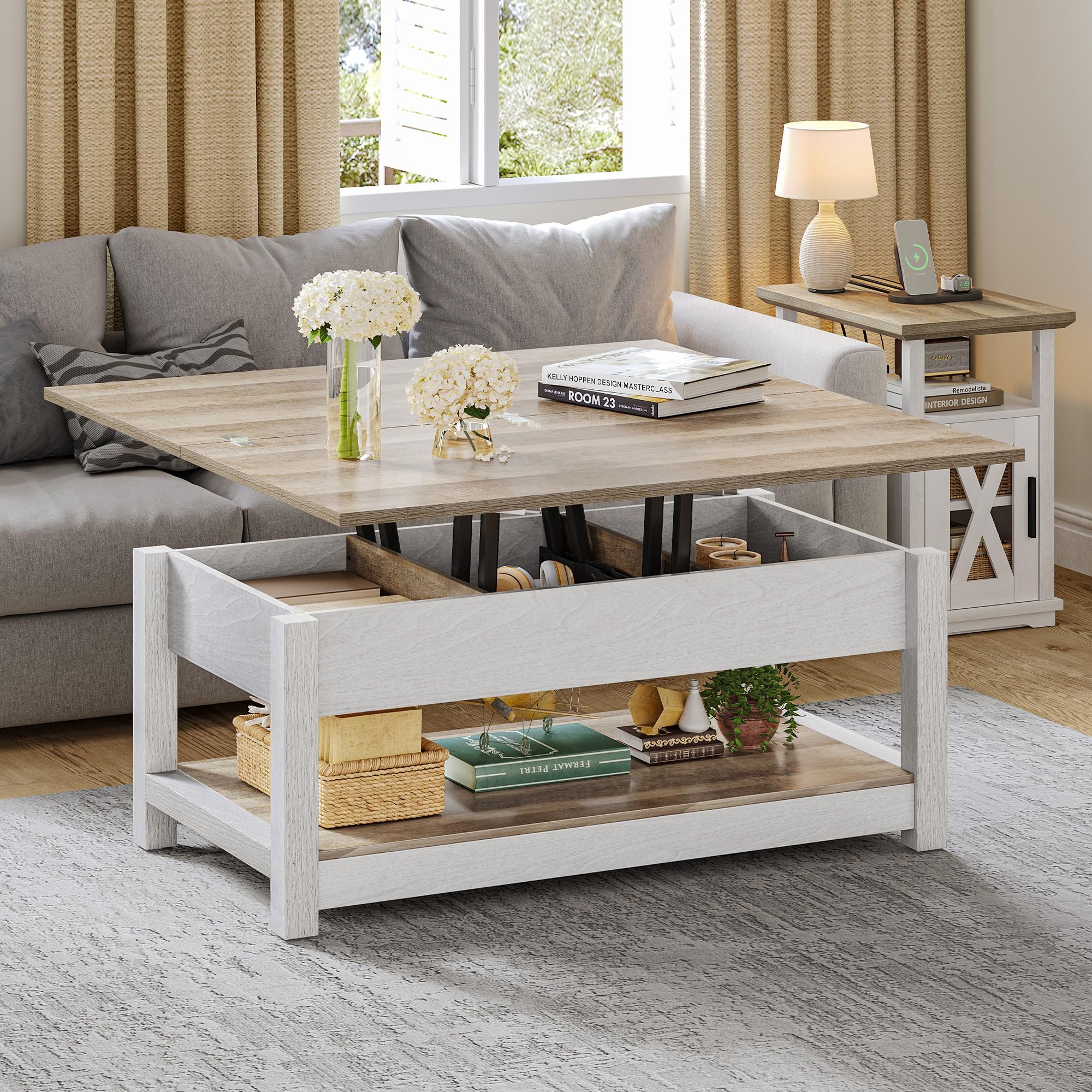 YITAHOME Lift Top Coffee Table, 3 in 1 Multi-Function Coffee Tables with Storage for Living Room, Farmhouse Modern Dining Table for Small Reception Room/Home Office,Grey Wash