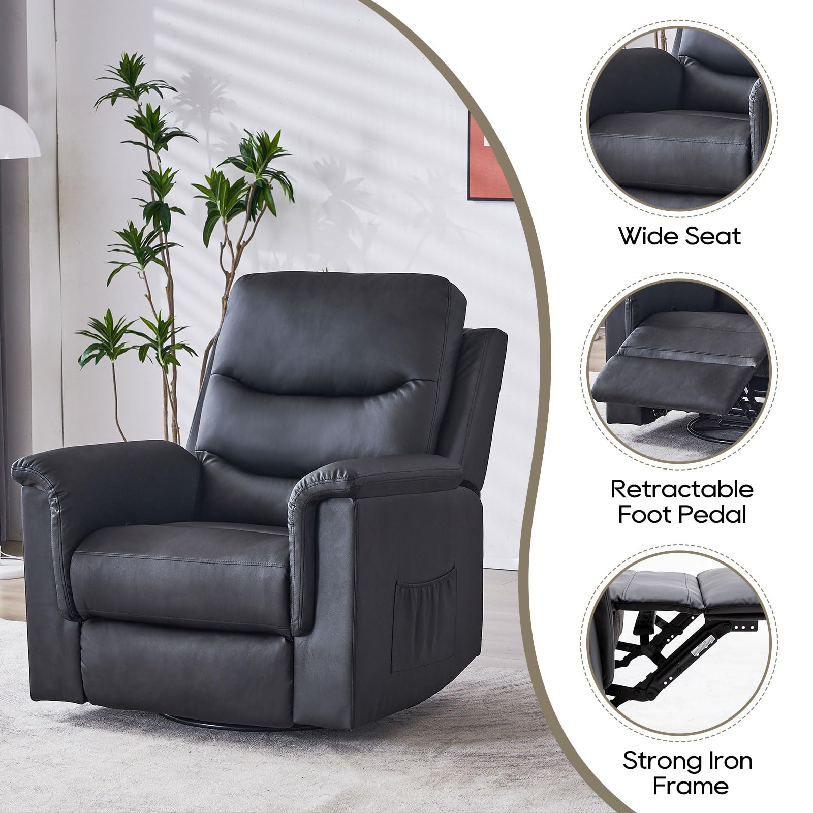 Consofa Swivel Rocker Recliner, Manual Rocker Recliner Chairs for Adults, 360 Degree Swivel Glider Recliner Nursery Rocking Chair with Adjustable Backrest & Footrest for Living Room