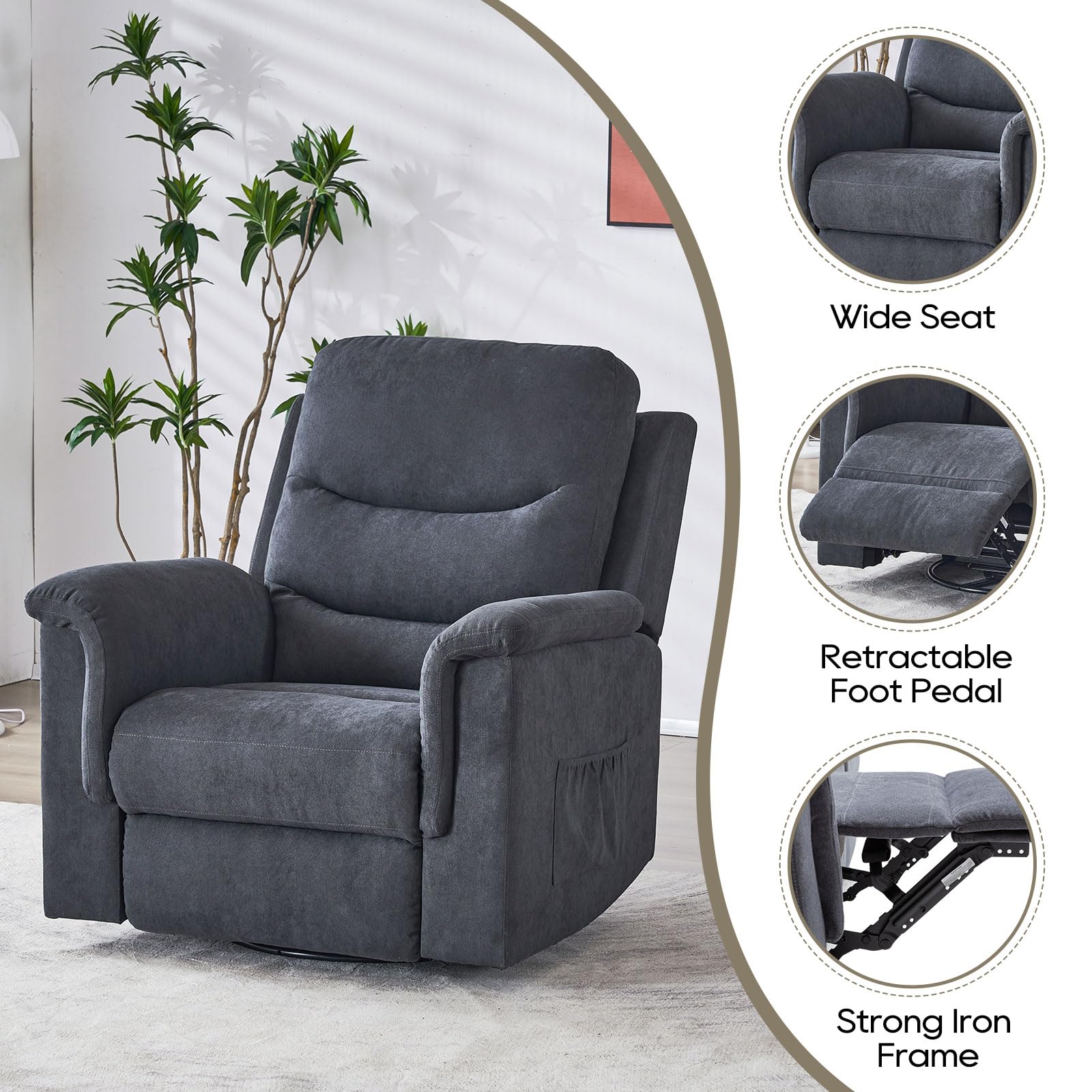 Swivel Rocker Recliner, Swivel Rocker Recliner Chairs for Adults, Manual Rocking Recliner Chair, 360 Degree Swivel Glider Recliner Chair, Overstuffed Manual Rocking Recliner for Living Room