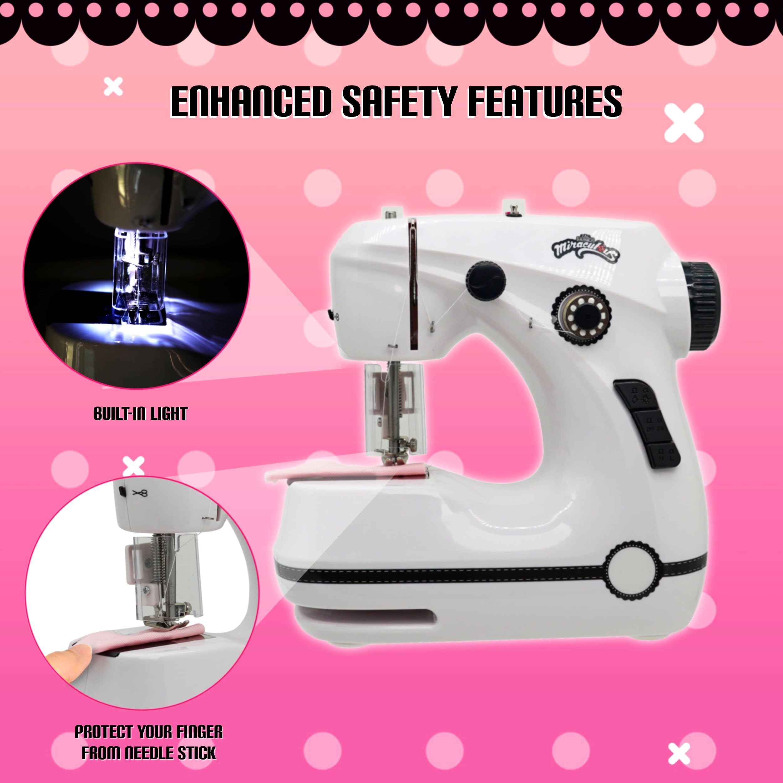 Miraculous Ladybug - Marinette's Mini Sewing Machine For Beginners And Kids, Dual Speed Portable Machine with Miraculous Fabric, Black Mannequin, Superhero Mask Cutouts, And Foot Pedal (Wyncor)