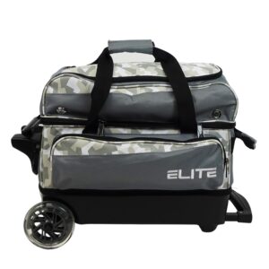 ELITE Deluxe 2 Ball Bowling Bag with 5" smooth wheels, Large Accessory pocket - Separate Compartment holds 1 pair of shoes up to US size 15 men - 36" extendable handle double roller (Grey Camo)