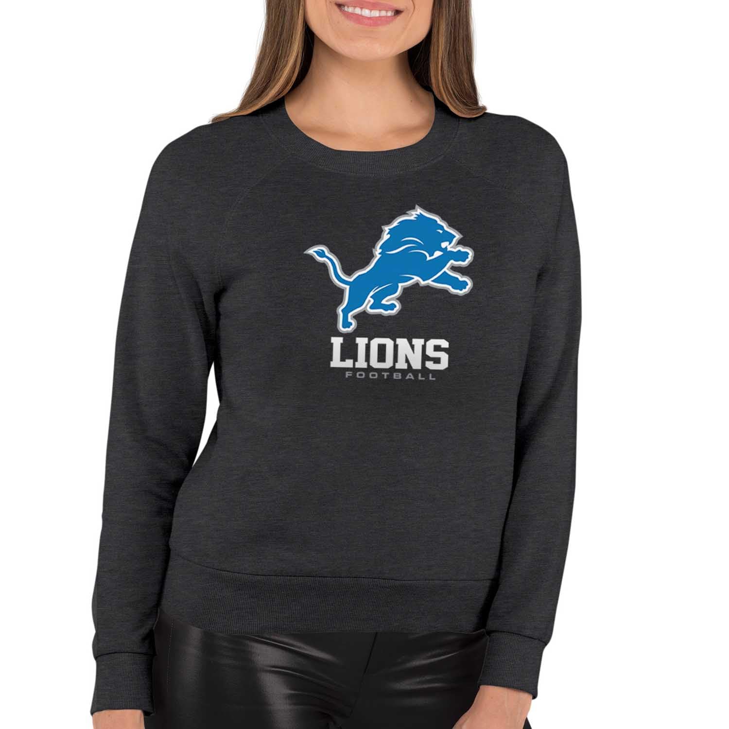 Team Fan Apparel Women's NFL Ultimate Fan Logo Slouchy Crewneck -Tagless Fleece Lightweight Pullover - Officially Licensed (Detroit Lions - Charcoal, Womens Medium)