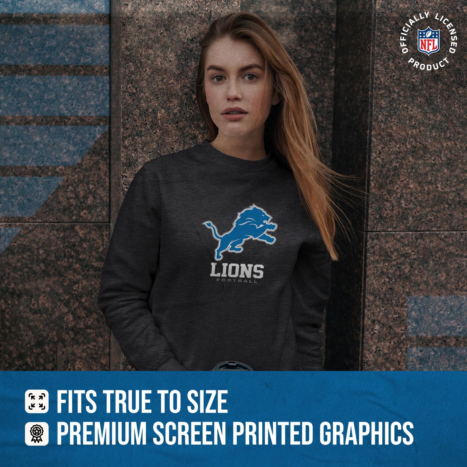 Team Fan Apparel Women's NFL Ultimate Fan Logo Slouchy Crewneck -Tagless Fleece Lightweight Pullover - Officially Licensed (Detroit Lions - Charcoal, Womens Medium)