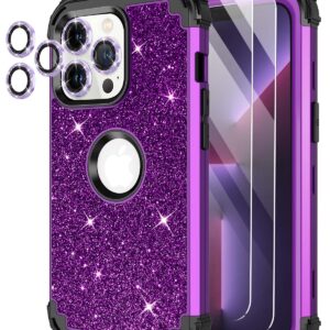 LONTECT for iPhone 13 Pro Max Case Glitter Sparkly Bling 3 in 1 Shockproof Heavy Duty Full Body Sturdy Protective Case for Apple iPhone 13 Pro Max with 2 Screen Protector+Camera Protector,Dark Purple