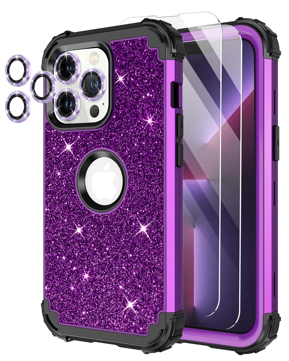 LONTECT for iPhone 13 Pro Max Case Glitter Sparkly Bling 3 in 1 Shockproof Heavy Duty Full Body Sturdy Protective Case for Apple iPhone 13 Pro Max with 2 Screen Protector+Camera Protector,Dark Purple