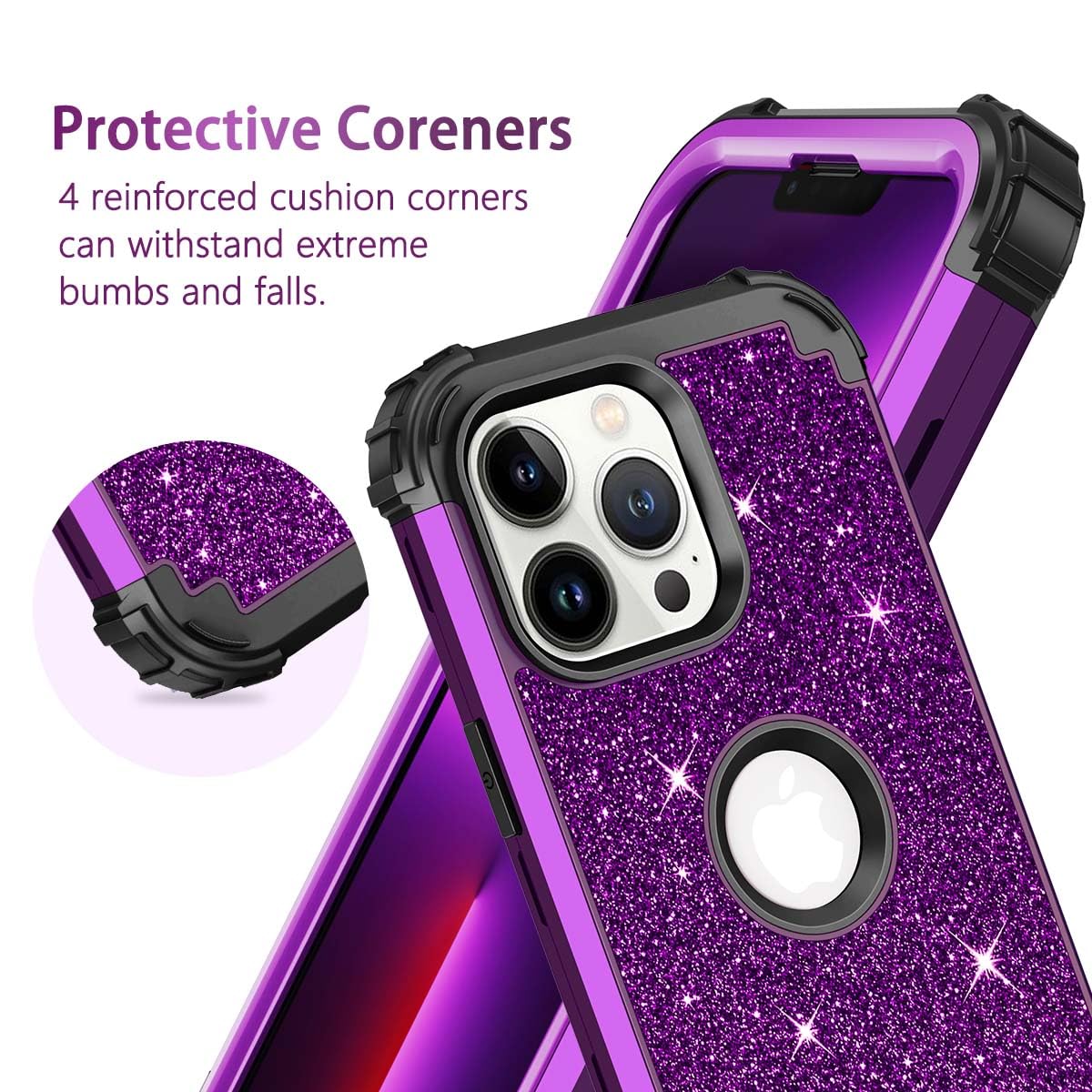 LONTECT for iPhone 13 Pro Max Case Glitter Sparkly Bling 3 in 1 Shockproof Heavy Duty Full Body Sturdy Protective Case for Apple iPhone 13 Pro Max with 2 Screen Protector+Camera Protector,Dark Purple