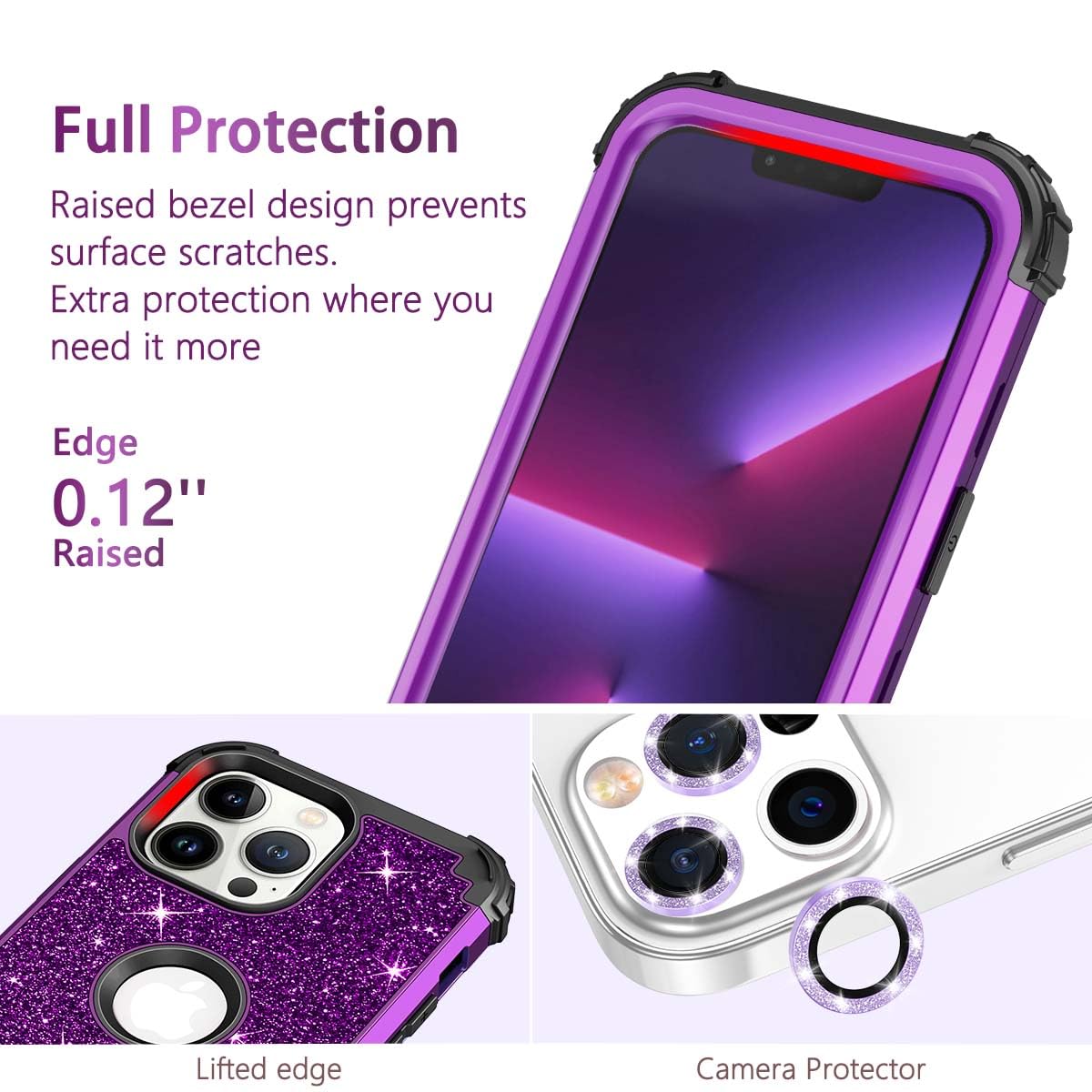 LONTECT for iPhone 13 Pro Max Case Glitter Sparkly Bling 3 in 1 Shockproof Heavy Duty Full Body Sturdy Protective Case for Apple iPhone 13 Pro Max with 2 Screen Protector+Camera Protector,Dark Purple