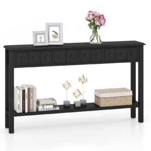 giantex narrow console table with storage - 60" long sofa side table w/ 4 drawers & open shelf, solid wood legs, rectangular entry table, retro entryway table for living room hallway, foyer, black