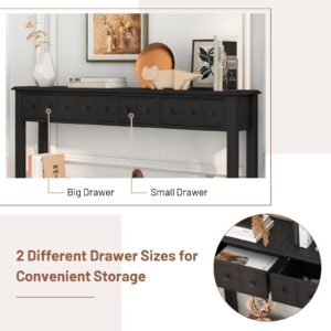 Giantex Narrow Console Table with Storage - 60" Long Sofa Side Table w/ 4 Drawers & Open Shelf, Solid Wood Legs, Rectangular Entry Table, Retro Entryway Table for Living Room Hallway, Foyer, Black