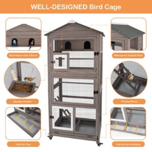 Gowoodhut 68.8"L Outdoor Bird Aviary Indoor Wooden Large Bird Cage Parakeet Cage on Wheels,Removable Wire Netting Slide Pull Out Tray, 2 Perches, Nest House,Ideal for Small Birds,Finches,Parrots,Grey