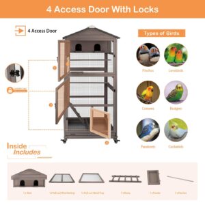 Gowoodhut 68.8"L Outdoor Bird Aviary Indoor Wooden Large Bird Cage Parakeet Cage on Wheels,Removable Wire Netting Slide Pull Out Tray, 2 Perches, Nest House,Ideal for Small Birds,Finches,Parrots,Grey