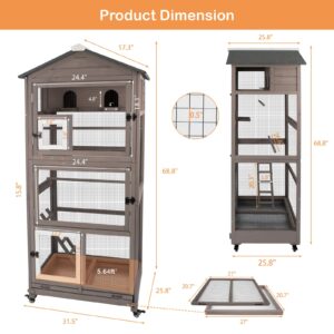 Gowoodhut 68.8"L Outdoor Bird Aviary Indoor Wooden Large Bird Cage Parakeet Cage on Wheels,Removable Wire Netting Slide Pull Out Tray, 2 Perches, Nest House,Ideal for Small Birds,Finches,Parrots,Grey