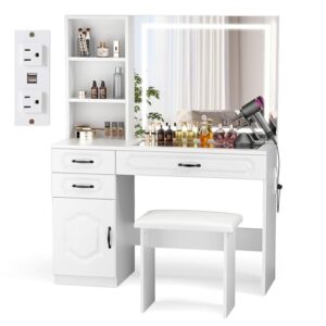 VOWNER Vanity with Lighted Mirror - Makeup Vanity Desk with Glass Top, Power Strip, Drawers and Shelves, 3 Color Lighting Modes Adjustable Brightness, Vanity Table with Cushioned Stool, 45'' L