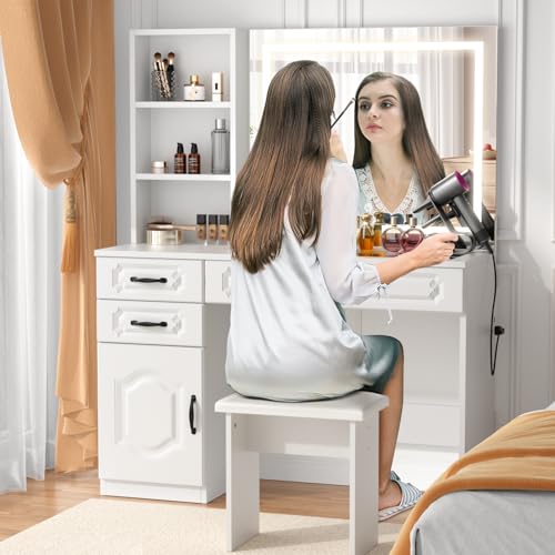 VOWNER Vanity with Lighted Mirror - Makeup Vanity Desk with Glass Top, Power Strip, Drawers and Shelves, 3 Color Lighting Modes Adjustable Brightness, Vanity Table with Cushioned Stool, 45'' L