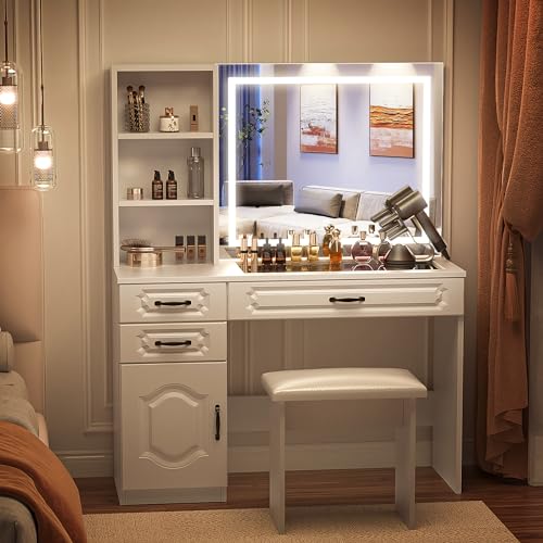 VOWNER Vanity with Lighted Mirror - Makeup Vanity Desk with Glass Top, Power Strip, Drawers and Shelves, 3 Color Lighting Modes Adjustable Brightness, Vanity Table with Cushioned Stool, 45'' L