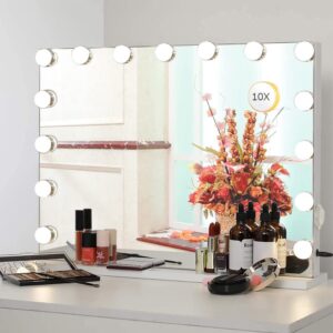 bendic 22.8"x 18.1" vanity mirror makeup mirror with lights,10x large hollywood lighted vanity mirror with 15 dimmable led bulbs,3 color modes,touch control for bedroom,tabletop or wall-mounted