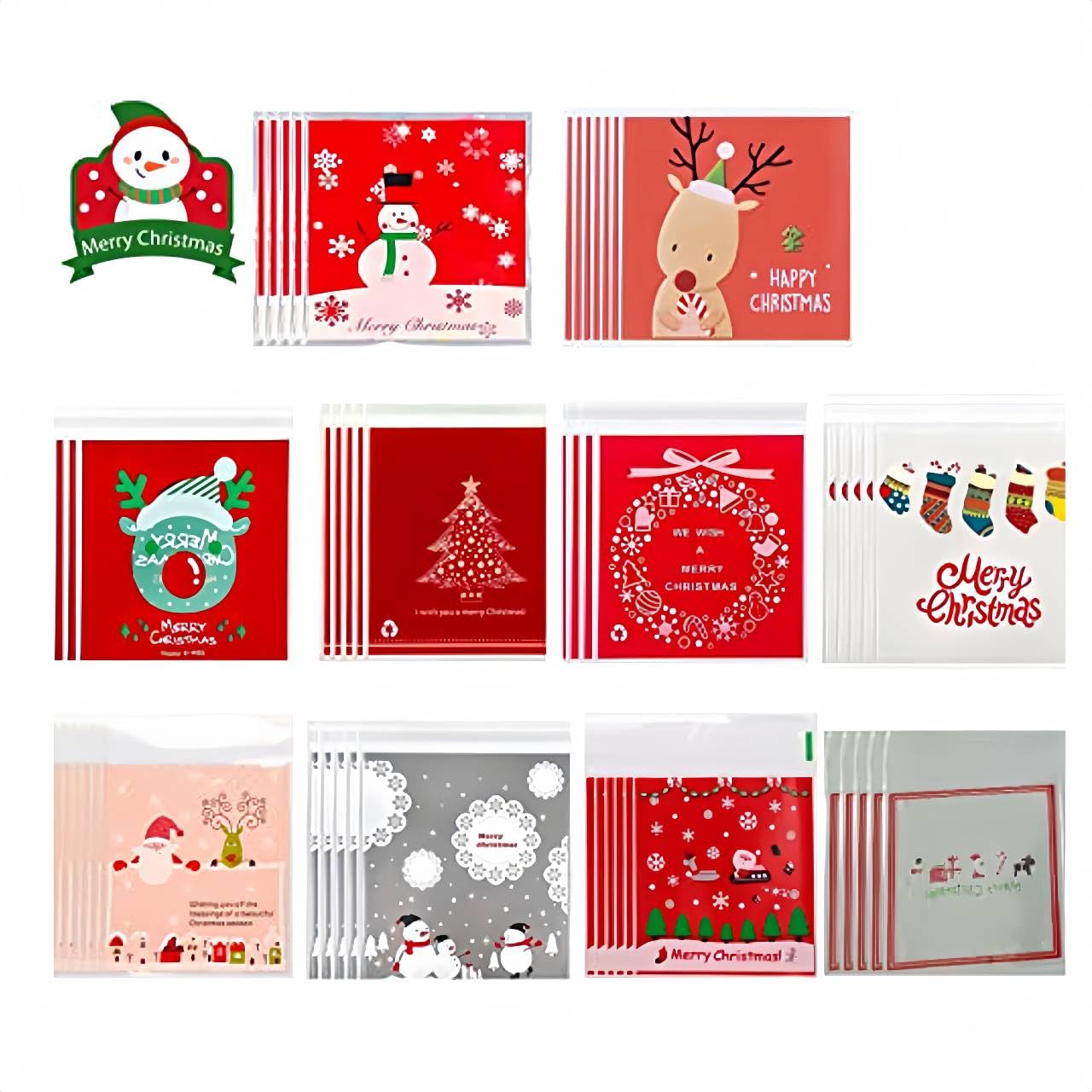 YVPSI 300 Pcs Christmas Candy Bags Self Adhesive Holiday Treat Cookie Bags Christmas Cellophane Bags Candy Bags Xmas Cellophane Treat Bags Plastic Coo