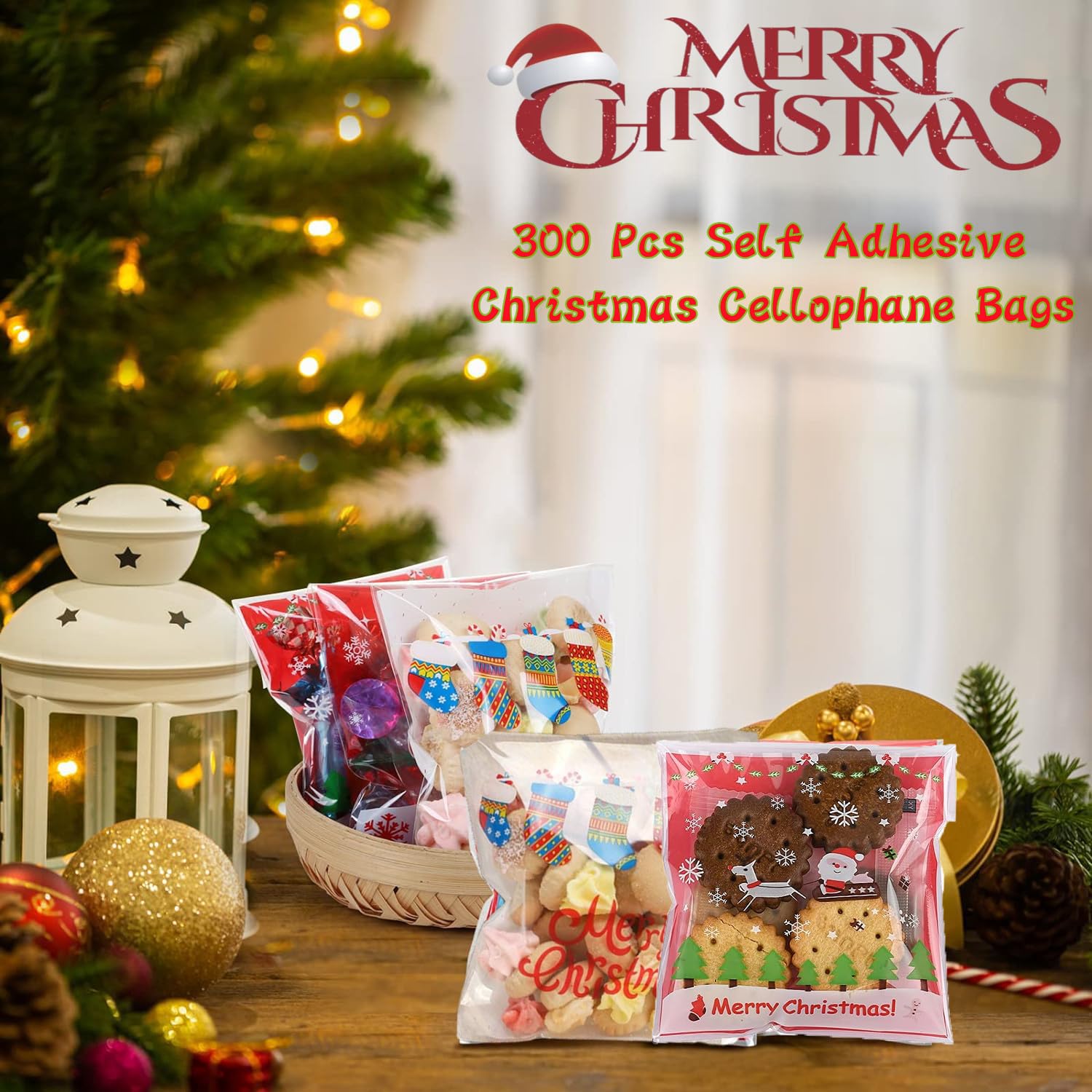 YVPSI 300 Pcs Christmas Candy Bags Self Adhesive Holiday Treat Cookie Bags Christmas Cellophane Bags Candy Bags Xmas Cellophane Treat Bags Plastic Coo