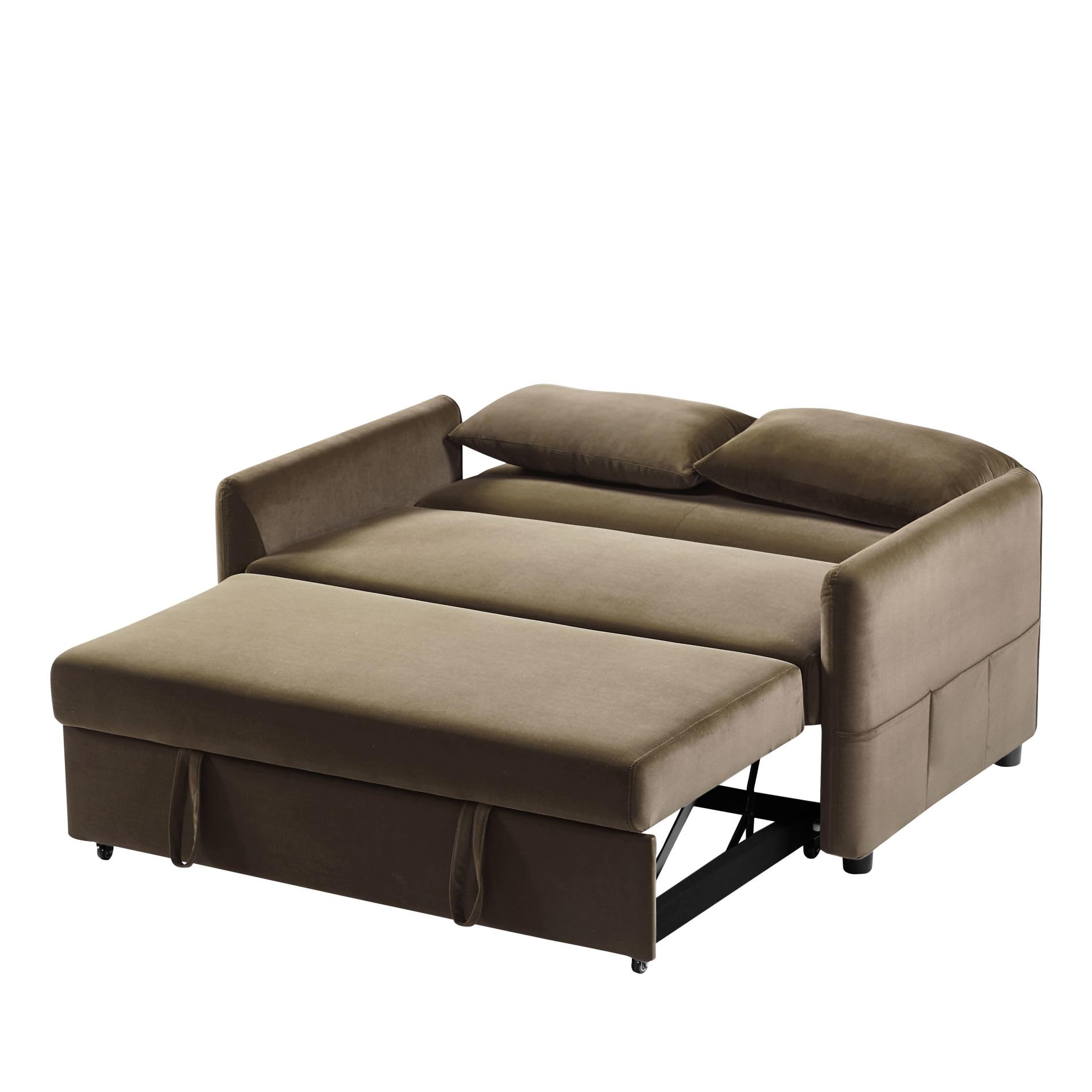 Lunanniu 57.1 Convertible Sleeper Sofa Bed, Loveseat Sleeper Couch Dutch Velvet Deep Seat with Pull-Out Bed, Small Love Seat with 3-Reclining-Position Backrest for Living Room Office Brown