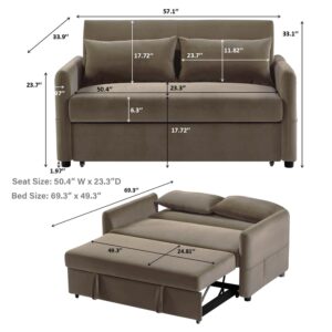 Lunanniu 57.1 Convertible Sleeper Sofa Bed, Loveseat Sleeper Couch Dutch Velvet Deep Seat with Pull-Out Bed, Small Love Seat with 3-Reclining-Position Backrest for Living Room Office Brown