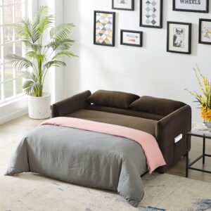 Lunanniu 57.1 Convertible Sleeper Sofa Bed, Loveseat Sleeper Couch Dutch Velvet Deep Seat with Pull-Out Bed, Small Love Seat with 3-Reclining-Position Backrest for Living Room Office Brown