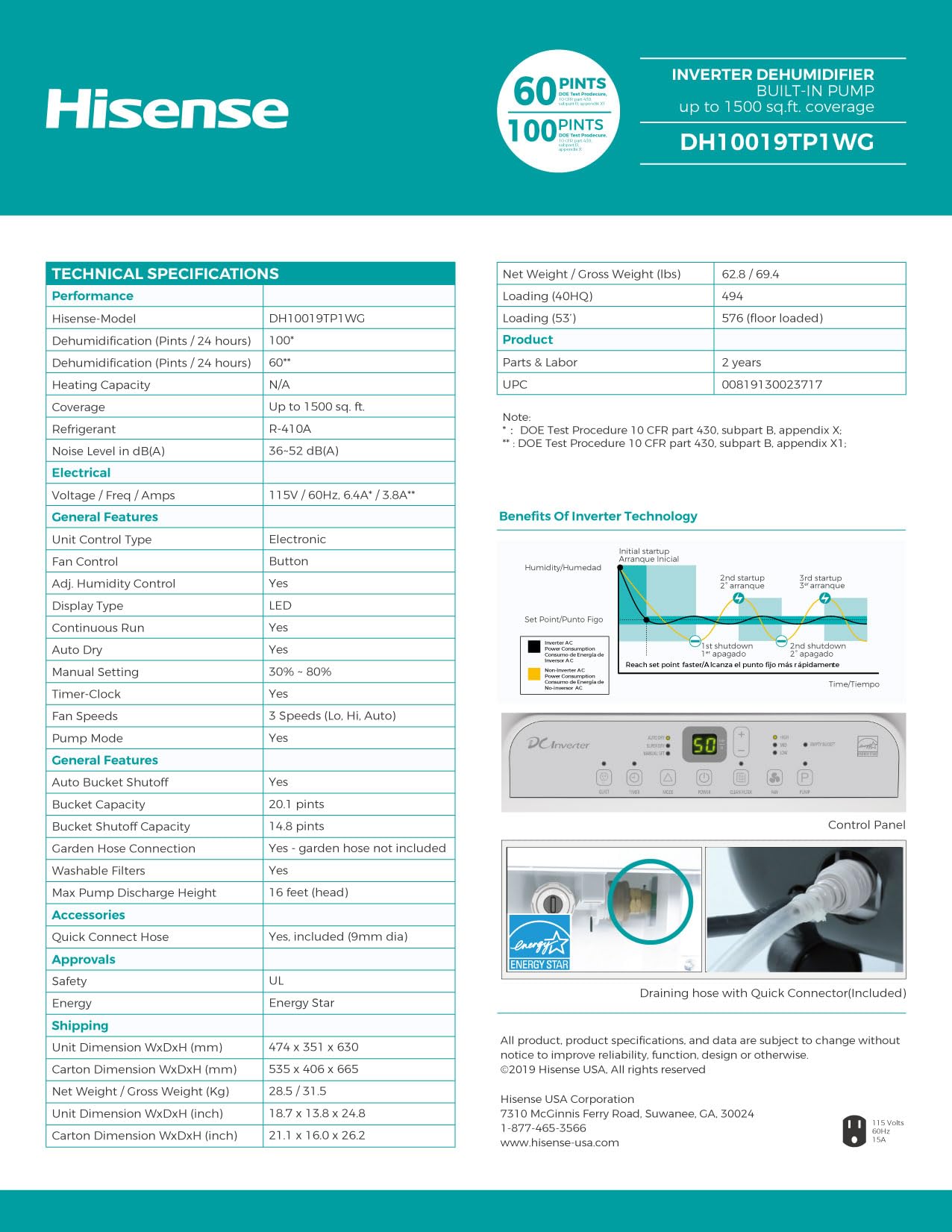 Hisense 60-Pint Capacity, 1500 sq.ft. coverage, 3-Speed Inverter Dehumidifier with Built-in Pump, Industrial-grade dehumidifier, Quite 36 dBA, 115v - DH10019TP1WG (Renewed)