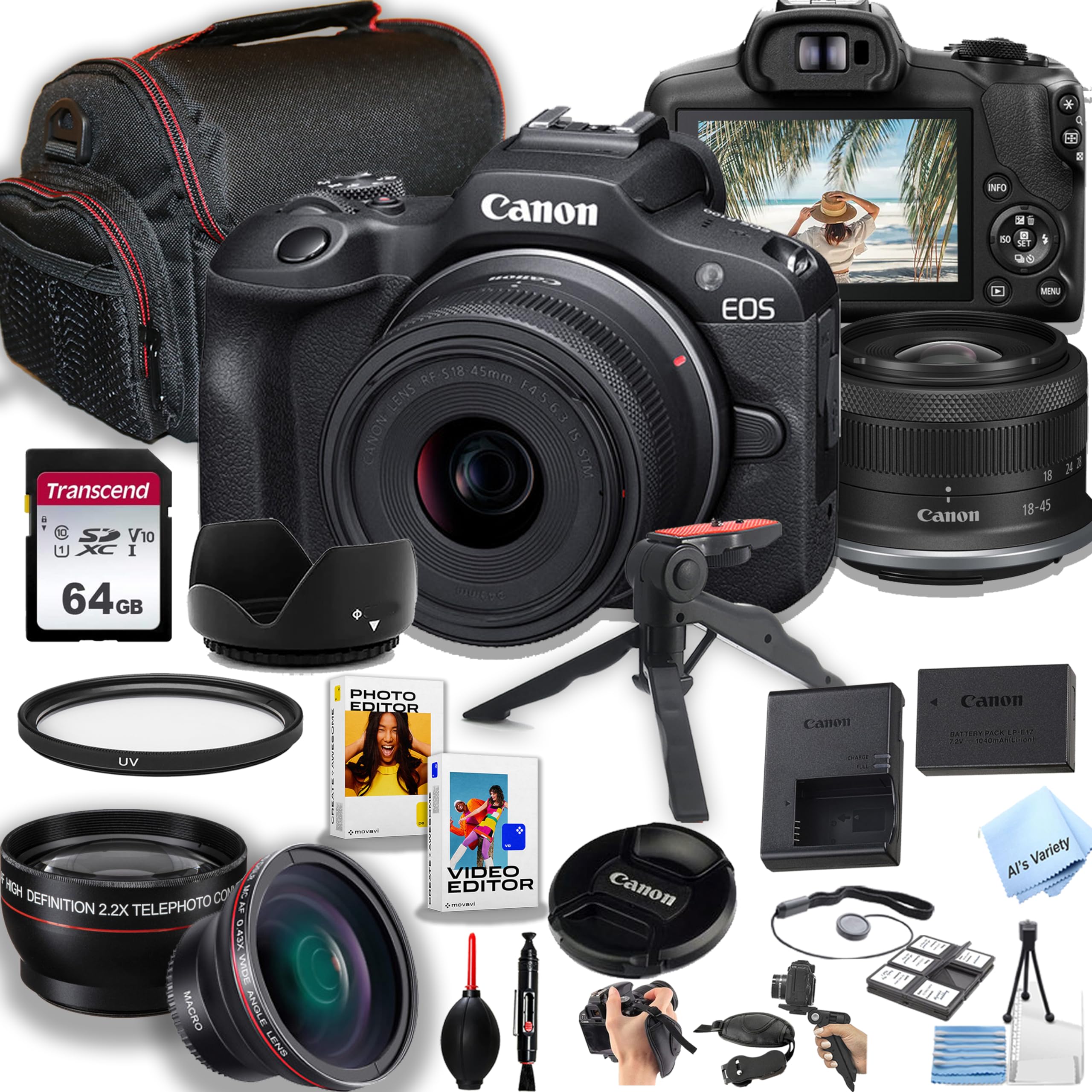 Canon EOS R100 Mirrorless Camera with 18-45mm Lens + 64GB Memory, Macro + 2X Len, Case, Gripster Tripodpod, and More (28pc Bundle) (Renewed)