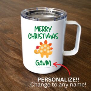 Kid's Christmas Dinosaur Hot Chocolate Mug/insulated with lid/custom Merry Christmas Dinosaur mug with name gift for son grandson nephew