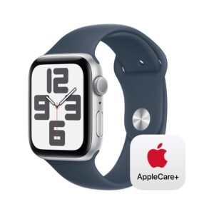 Apple Watch SE GPS 44mm Silver Aluminum Case with Storm Blue Sport Band - M/L with AppleCare+ (2 Years)