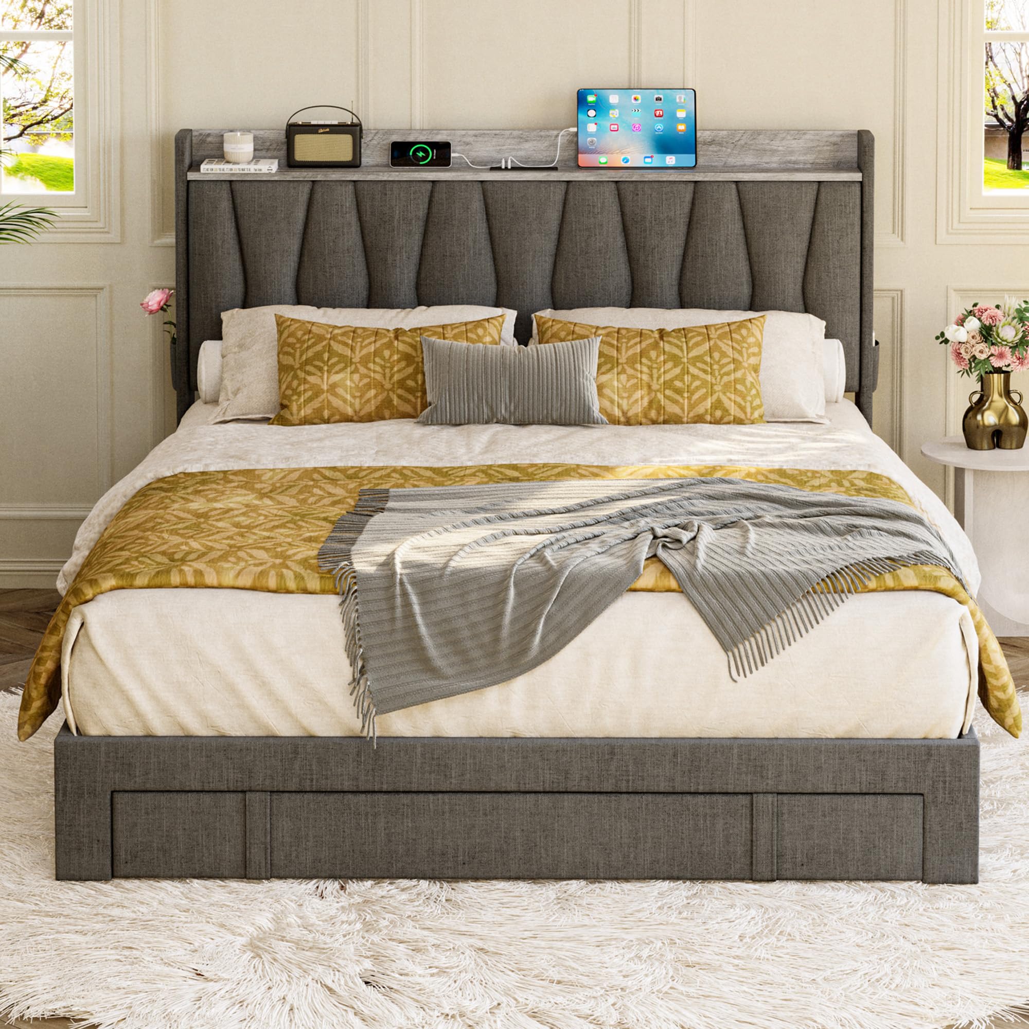 ANCTOR Queen Size Bed Frame with Storage Headboard and Charging Station, Upholstered Platform Bed with 3 Drawers, No Box Spring Needed, Easy Assembly, Grey