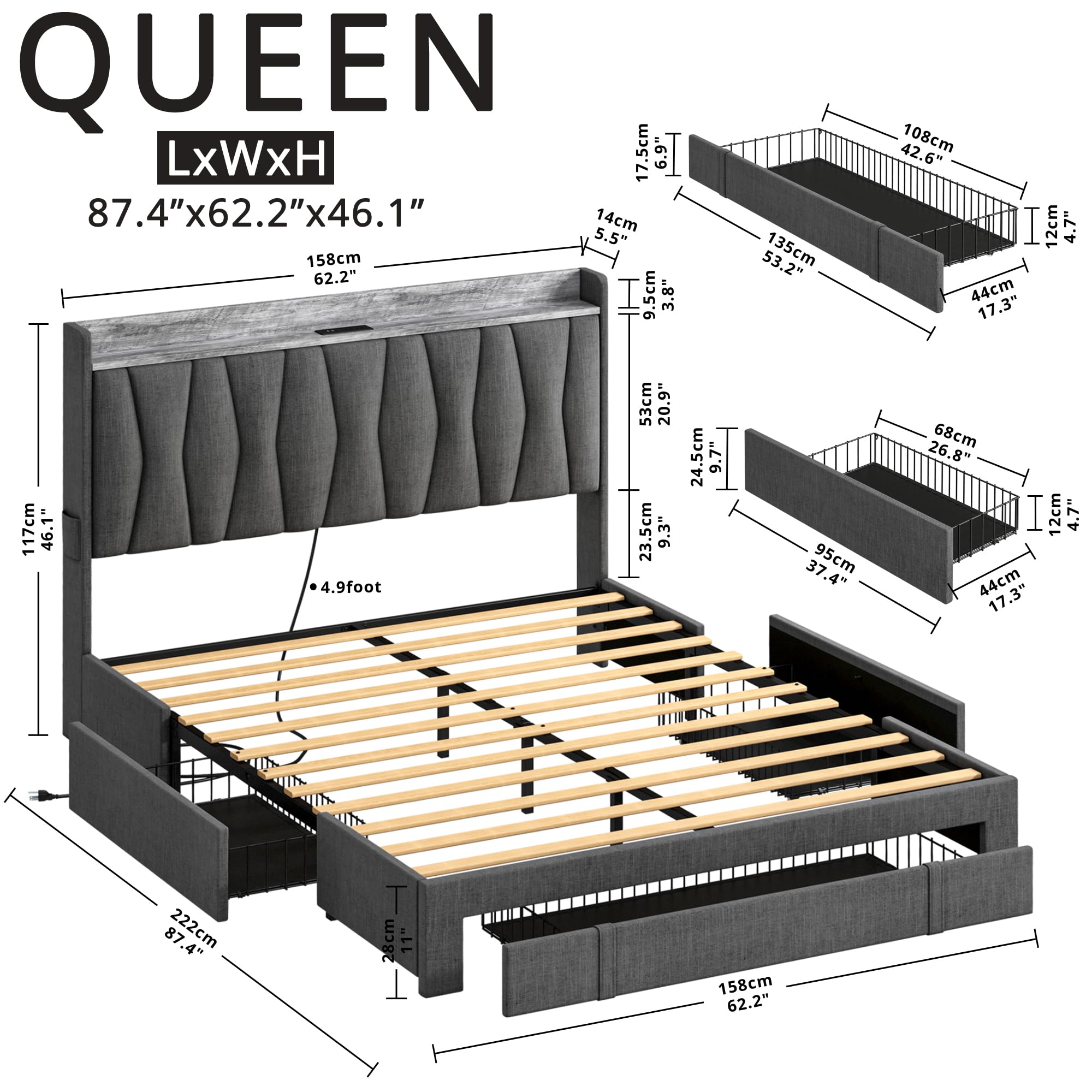 ANCTOR Queen Size Bed Frame with Storage Headboard and Charging Station, Upholstered Platform Bed with 3 Drawers, No Box Spring Needed, Easy Assembly, Grey