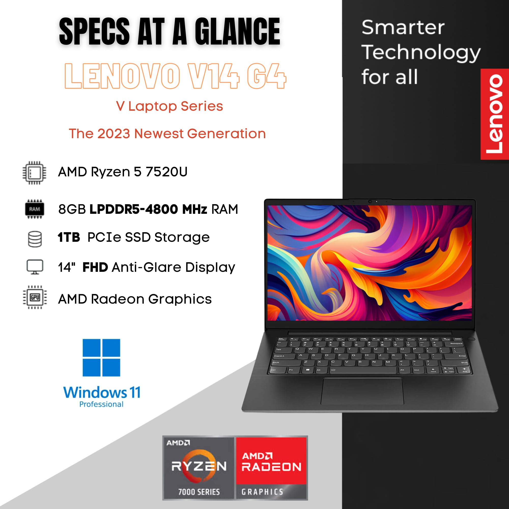 Lenovo Newest V14 Gen-4 Laptop for Business or Student, 1TB SSD Storage, AMD Ryzen 5 7520U (Beat i5-1135G7), 14" FHD Display, Dolby Audio,HDMI,Type-C,Ethernet,Win11 PRO,w/WOWPC 500GB Hard Drive Bundle