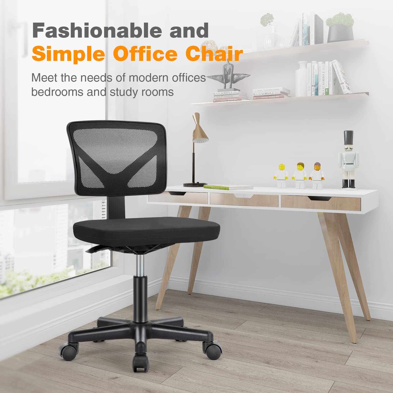 Sweetcrispy Armless Desk Chair - Small Home Office Chair with Wheels, Mesh Low Back Task Chair with Lumbar Support and Wheels, Adjustable Height 360° Rolling Swivel Computer Chair Without Arm