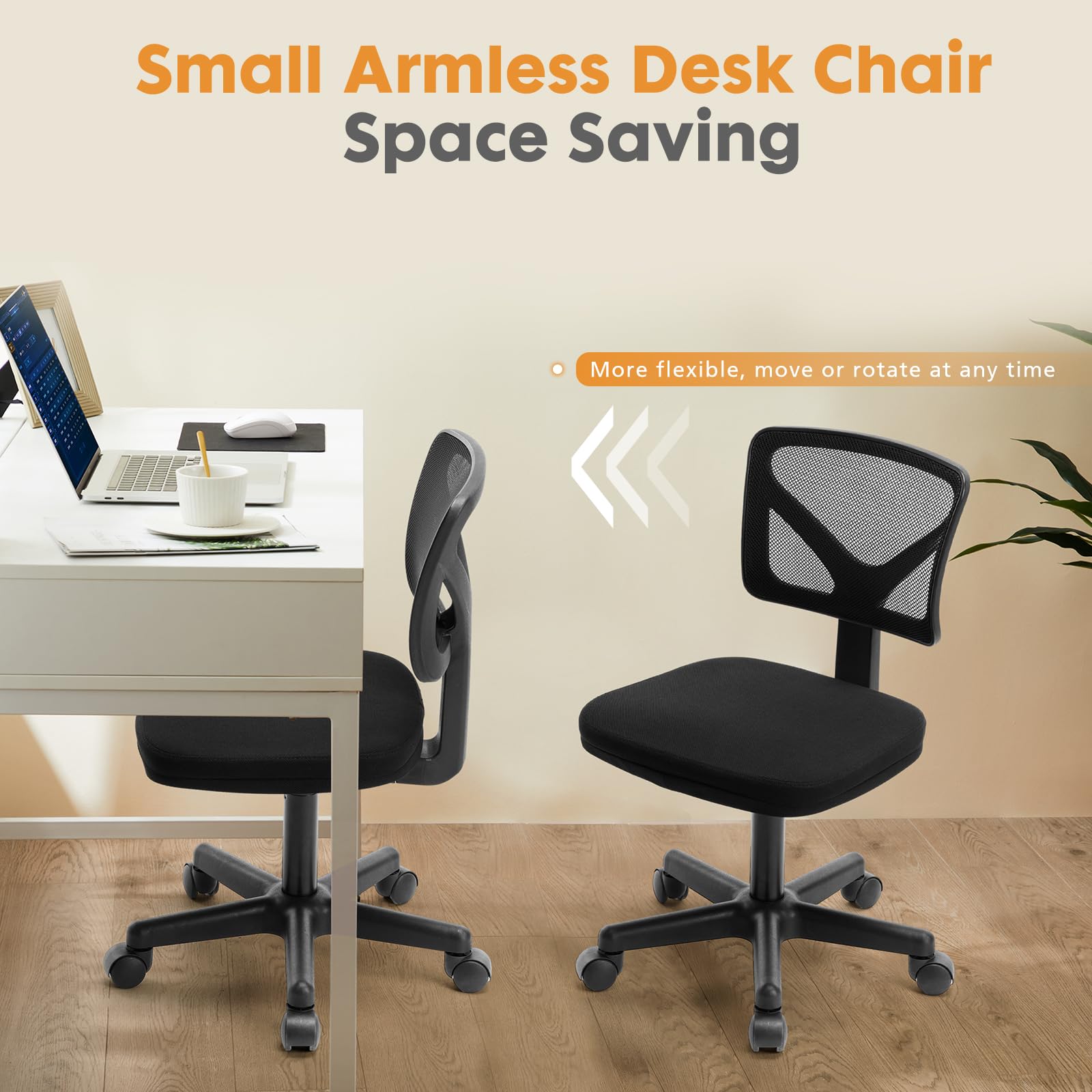 Sweetcrispy Armless Desk Chair - Small Home Office Chair with Wheels, Mesh Low Back Task Chair with Lumbar Support and Wheels, Adjustable Height 360° Rolling Swivel Computer Chair Without Arm