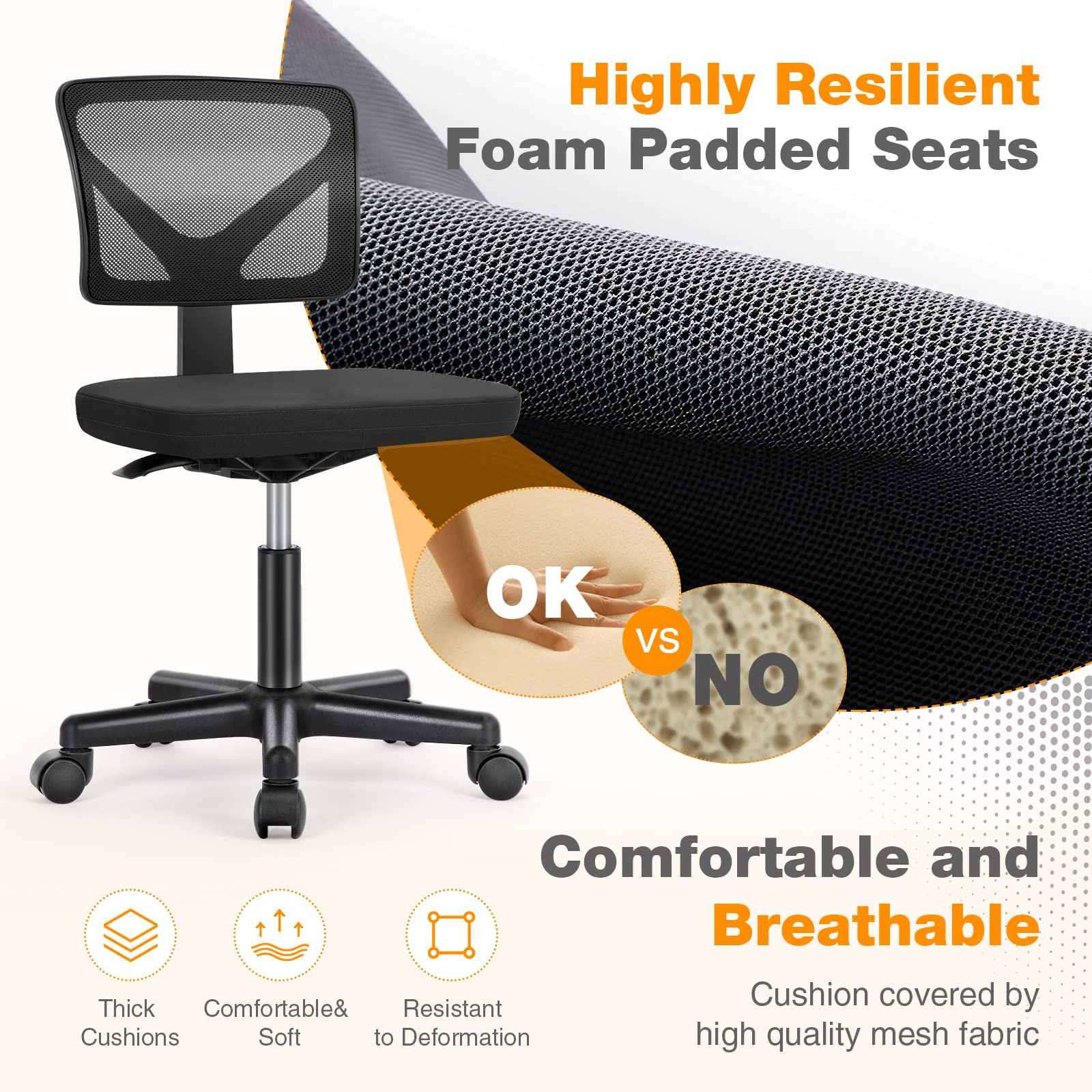 Sweetcrispy Armless Desk Chair - Small Home Office Chair with Wheels, Mesh Low Back Task Chair with Lumbar Support and Wheels, Adjustable Height 360° Rolling Swivel Computer Chair Without Arm