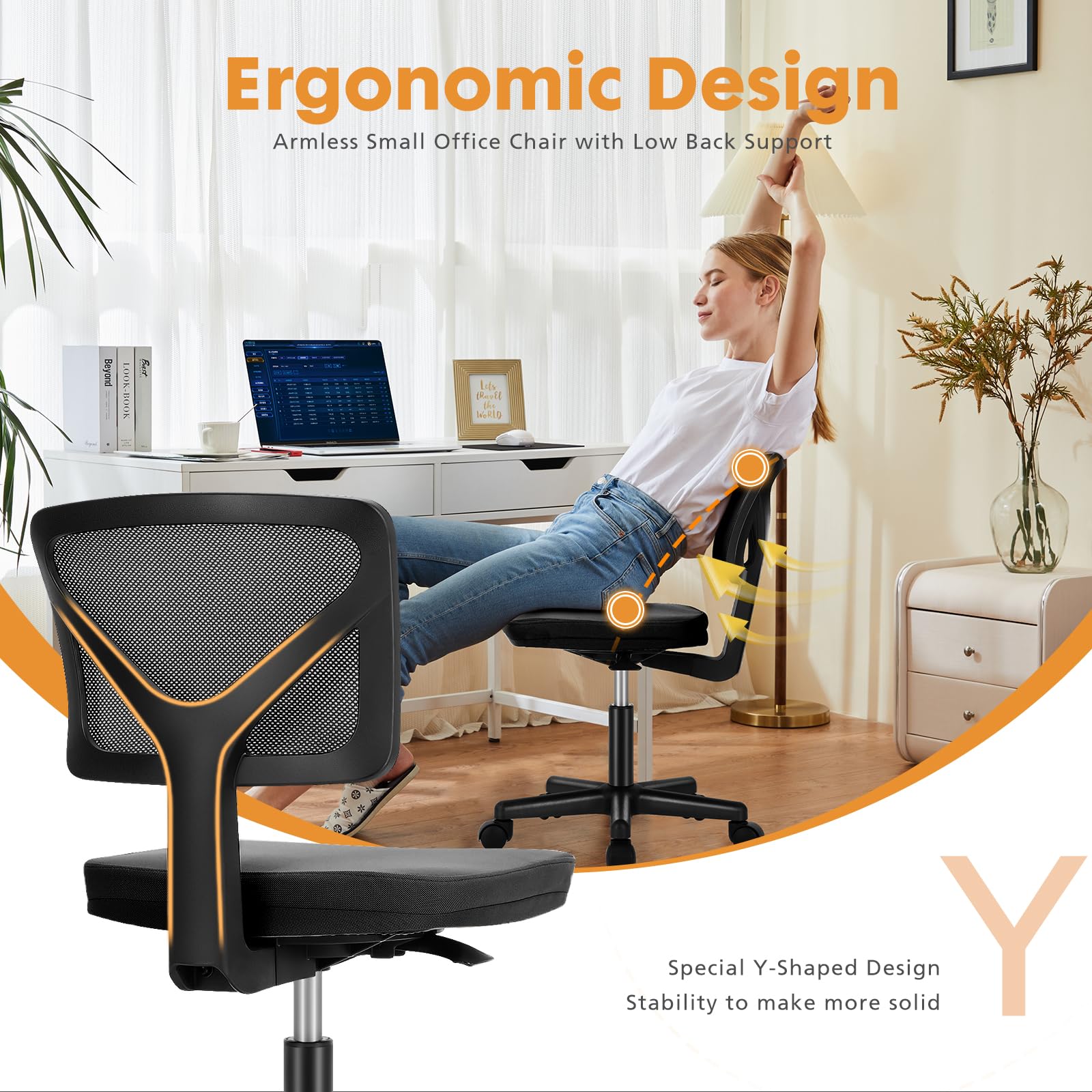 Sweetcrispy Armless Desk Chair - Small Home Office Chair with Wheels, Mesh Low Back Task Chair with Lumbar Support and Wheels, Adjustable Height 360° Rolling Swivel Computer Chair Without Arm