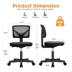 Sweetcrispy Armless Desk Chair - Small Home Office Chair with Wheels, Mesh Low Back Task Chair with Lumbar Support and Wheels, Adjustable Height 360° Rolling Swivel Computer Chair Without Arm