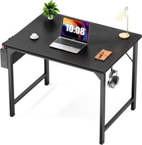 sweetcrispy desk- computer office small 32 inch writing study work modern simple style wooden table with storage bag & iron hook for home, bedroom - black