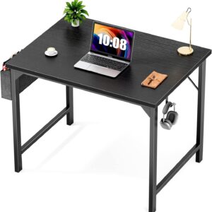 Sweetcrispy Desk- Computer Office Small 32 Inch Writing Study Work Modern Simple Style Wooden Table with Storage Bag & Iron Hook for Home, Bedroom - Black